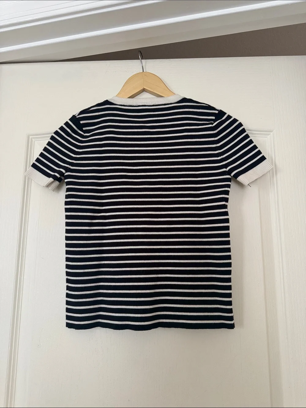 Tahari Black & White Striped Short-Sleeve Button-Front Top - Picture 3 of 3